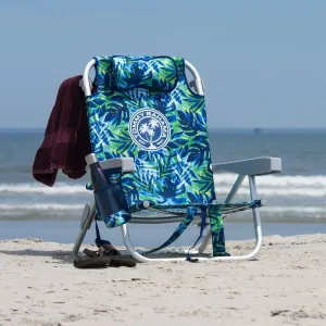 Tommy Bahama 5 Position Beach Chair, Zippered Insulated Cargo Pouch, Cup and Cell Phone Holders, Towel Bar, Pillow for Extra Comfort, Heavy-Duty Weight Capacity, 2-Pack (Blue Leaves)