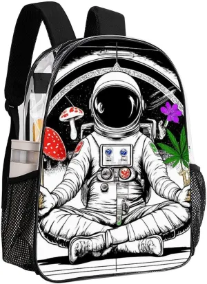 Transparent Daypack Backpack for Sports Travel Running - Big Capacity Anti-Theft Multipurpose Carry On Bag, Astronaut Trippy Mushroom Art Laptop Book Bag Rucksack