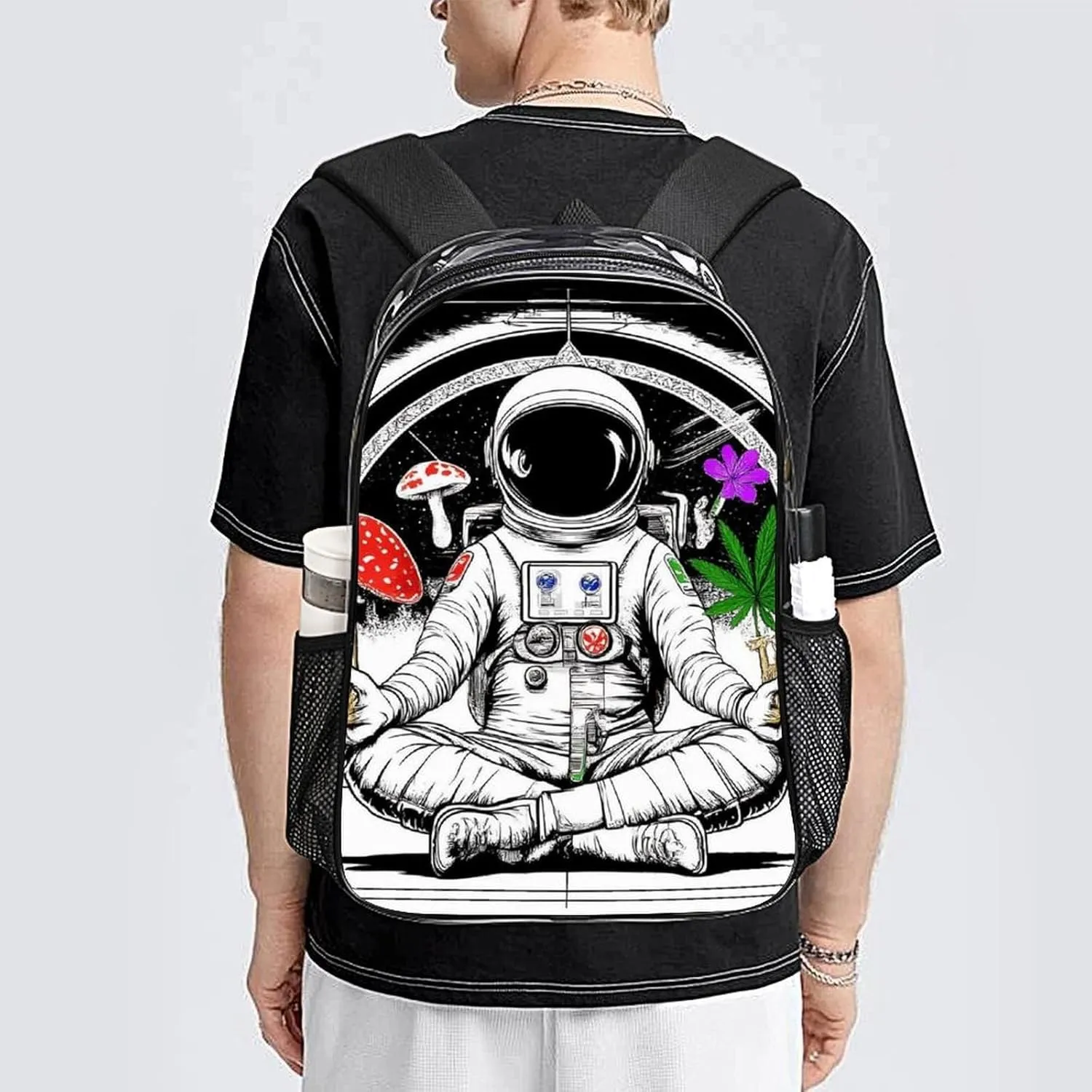 Transparent Daypack Backpack for Sports Travel Running - Big Capacity Anti-Theft Multipurpose Carry On Bag, Astronaut Trippy Mushroom Art Laptop Book Bag Rucksack
