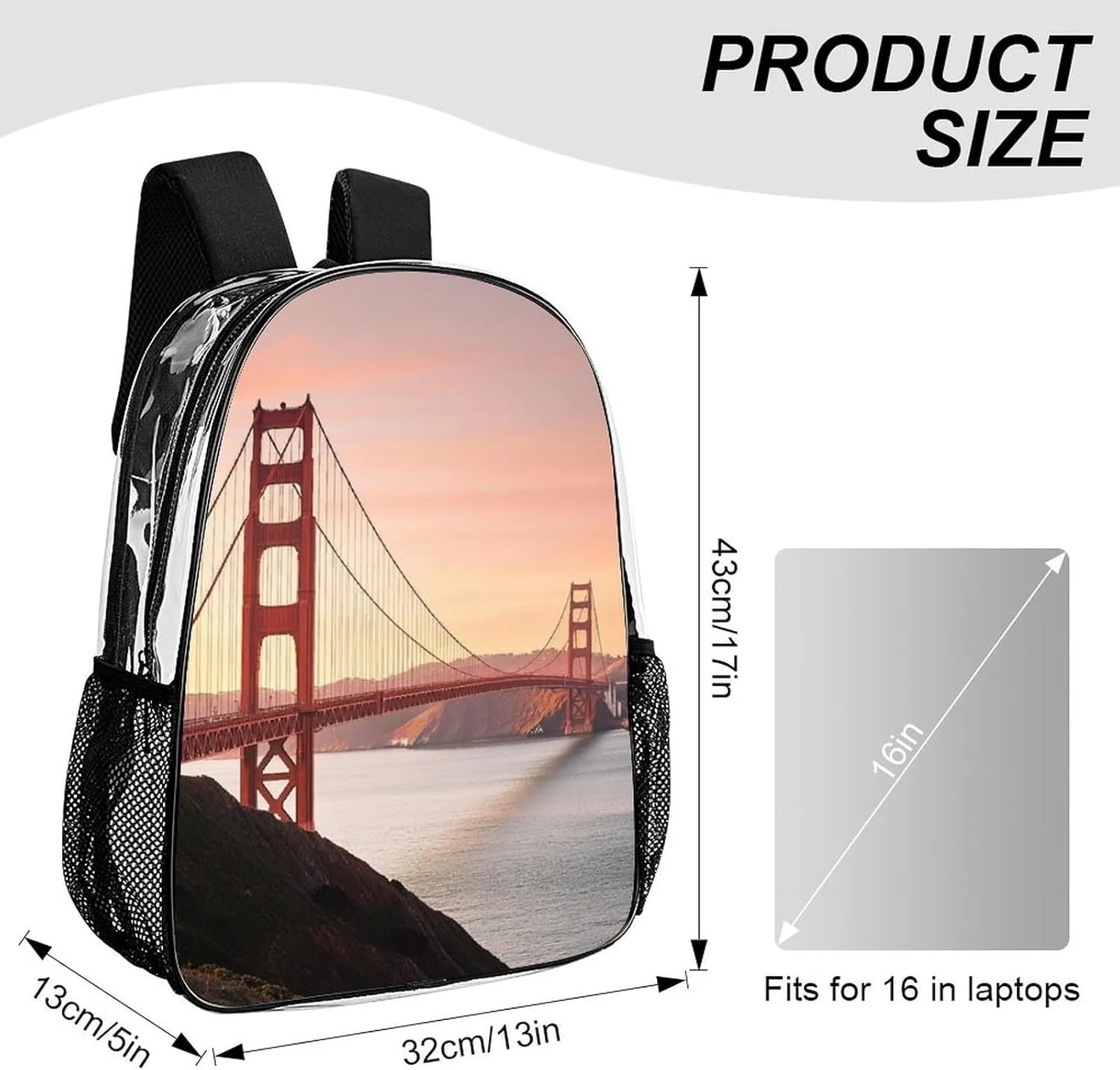 Transparent Daypack Backpack for Sports Travel Running - Big Capacity Anti-Theft Multipurpose Carry On Bag, Golden Gate Bridge San Francisco California Laptop Book Bag Rucksack