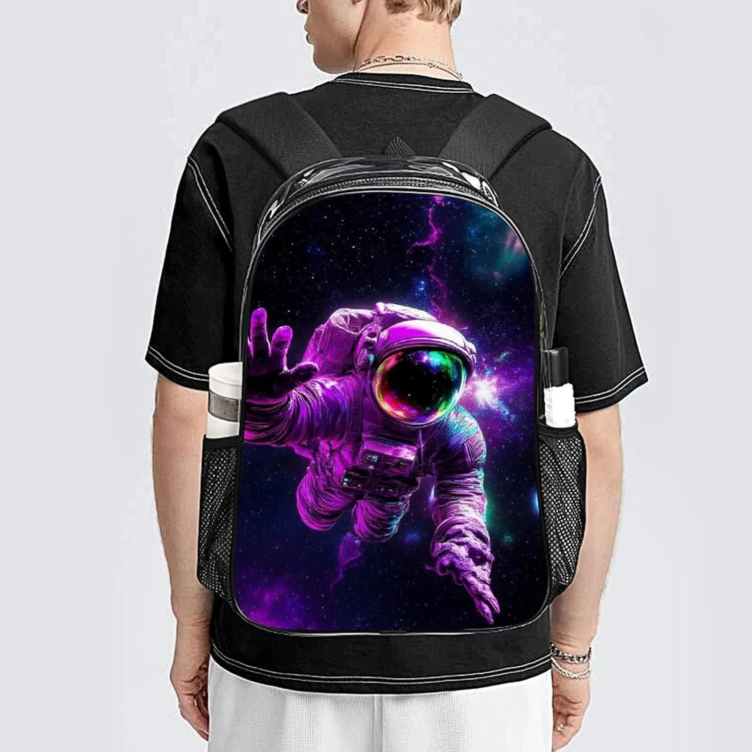 Transparent Daypack Backpack for Trekking Picnic Walking Cycling - Large Capacity Anti-Theft Multipurpose Shoulder Bag, Space Purple Galaxy Trippy Astronaut Art Casual Daypack