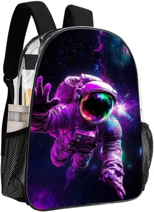 Transparent Daypack Backpack for Trekking Picnic Walking Cycling - Large Capacity Anti-Theft Multipurpose Shoulder Bag, Space Purple Galaxy Trippy Astronaut Art Casual Daypack
