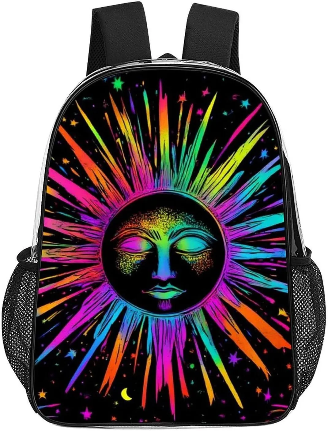 Transparent Daypack Bookbag for Gym Business Bicycle - Large Capacity Multipurpose Anti-Theft Carry On Bag, Trippy Sun And Moon Neon Art Travel Hiking Daypack