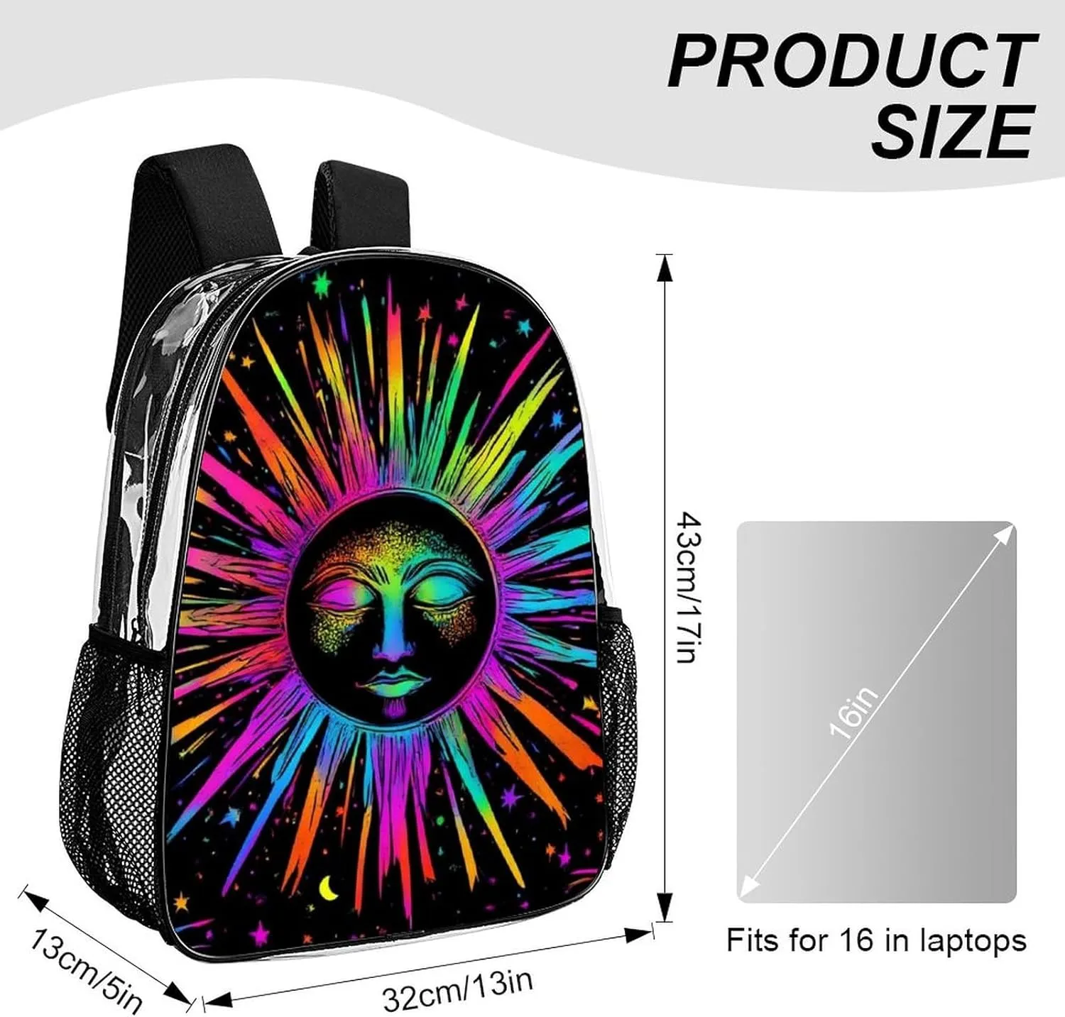 Transparent Daypack Bookbag for Gym Business Bicycle - Large Capacity Multipurpose Anti-Theft Carry On Bag, Trippy Sun And Moon Neon Art Travel Hiking Daypack