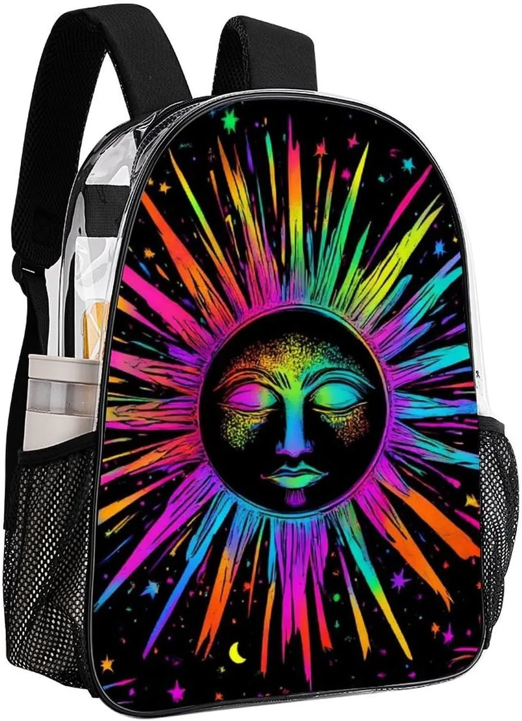Transparent Daypack Bookbag for Gym Business Bicycle - Large Capacity Multipurpose Anti-Theft Carry On Bag, Trippy Sun And Moon Neon Art Travel Hiking Daypack