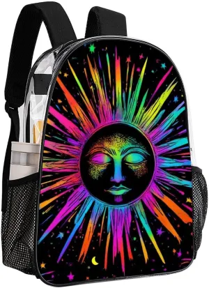 Transparent Daypack Bookbag for Gym Business Bicycle - Large Capacity Multipurpose Anti-Theft Carry On Bag, Trippy Sun And Moon Neon Art Travel Hiking Daypack
