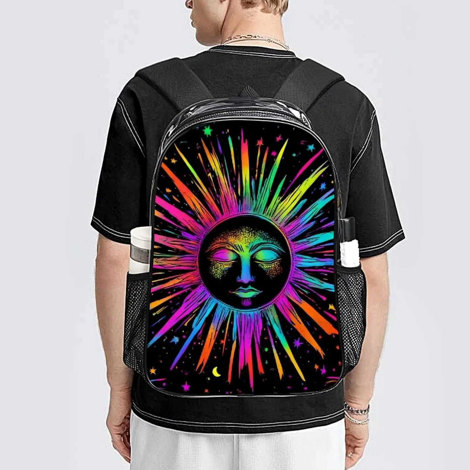 Transparent Daypack Bookbag for Gym Business Bicycle - Large Capacity Multipurpose Anti-Theft Carry On Bag, Trippy Sun And Moon Neon Art Travel Hiking Daypack