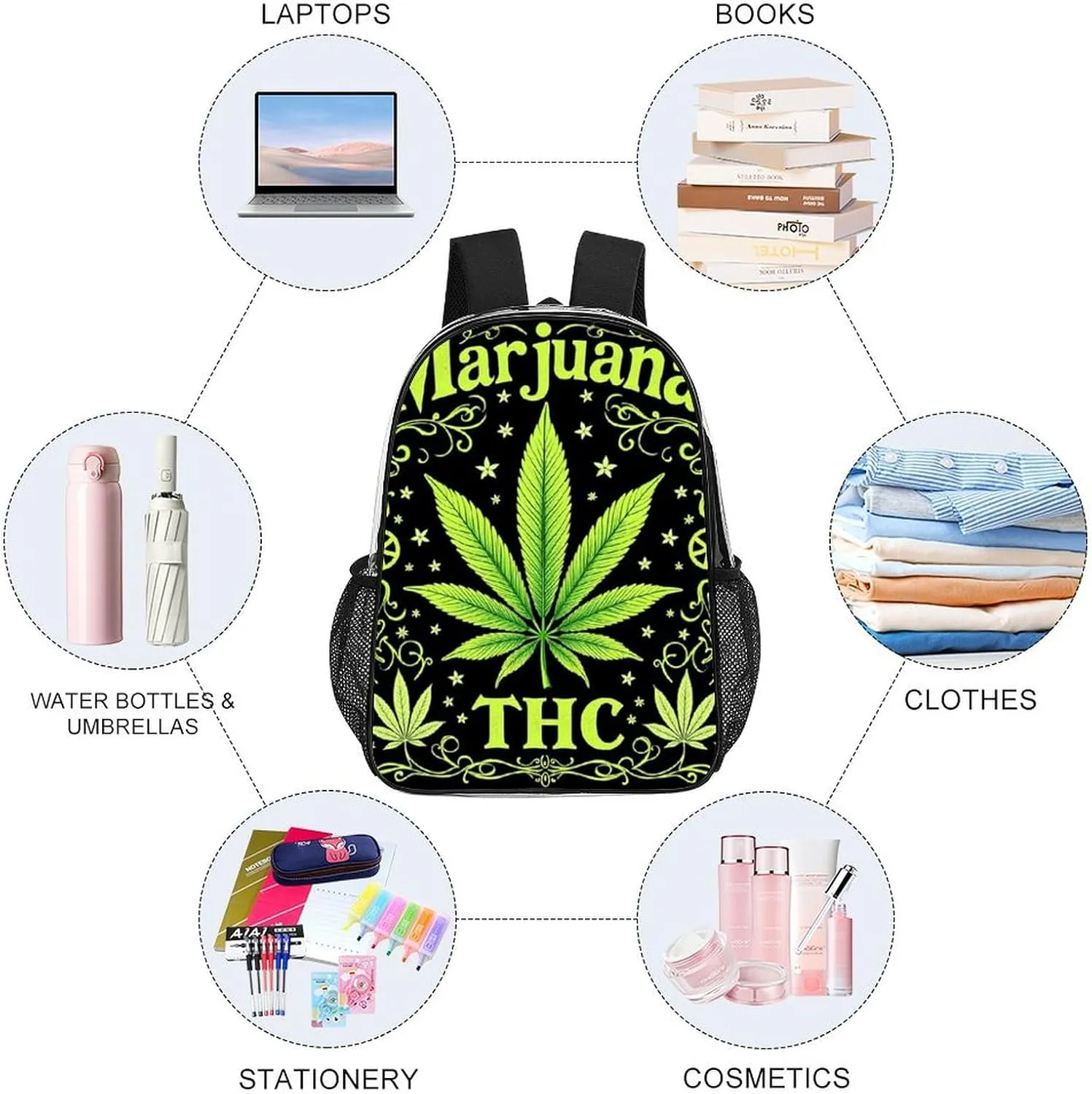 Transparent Daypack for Hiking Work Running - Big Capacity Anti-Theft Multipurpose Shoulder Bag, Green Marijuanaweed Leaf Flag Travel and Sport Backpack Rucksack