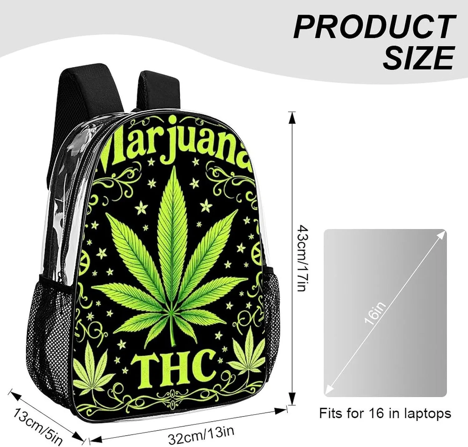 Transparent Daypack for Hiking Work Running - Big Capacity Anti-Theft Multipurpose Shoulder Bag, Green Marijuanaweed Leaf Flag Travel and Sport Backpack Rucksack