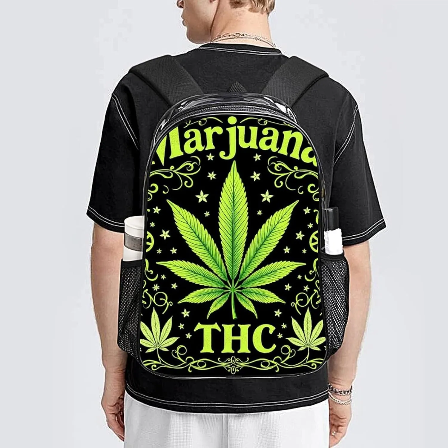 Transparent Daypack for Hiking Work Running - Big Capacity Anti-Theft Multipurpose Shoulder Bag, Green Marijuanaweed Leaf Flag Travel and Sport Backpack Rucksack