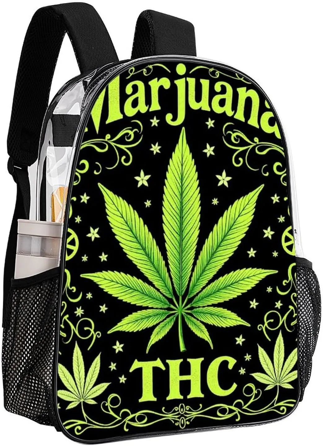 Transparent Daypack for Hiking Work Running - Big Capacity Anti-Theft Multipurpose Shoulder Bag, Green Marijuanaweed Leaf Flag Travel and Sport Backpack Rucksack