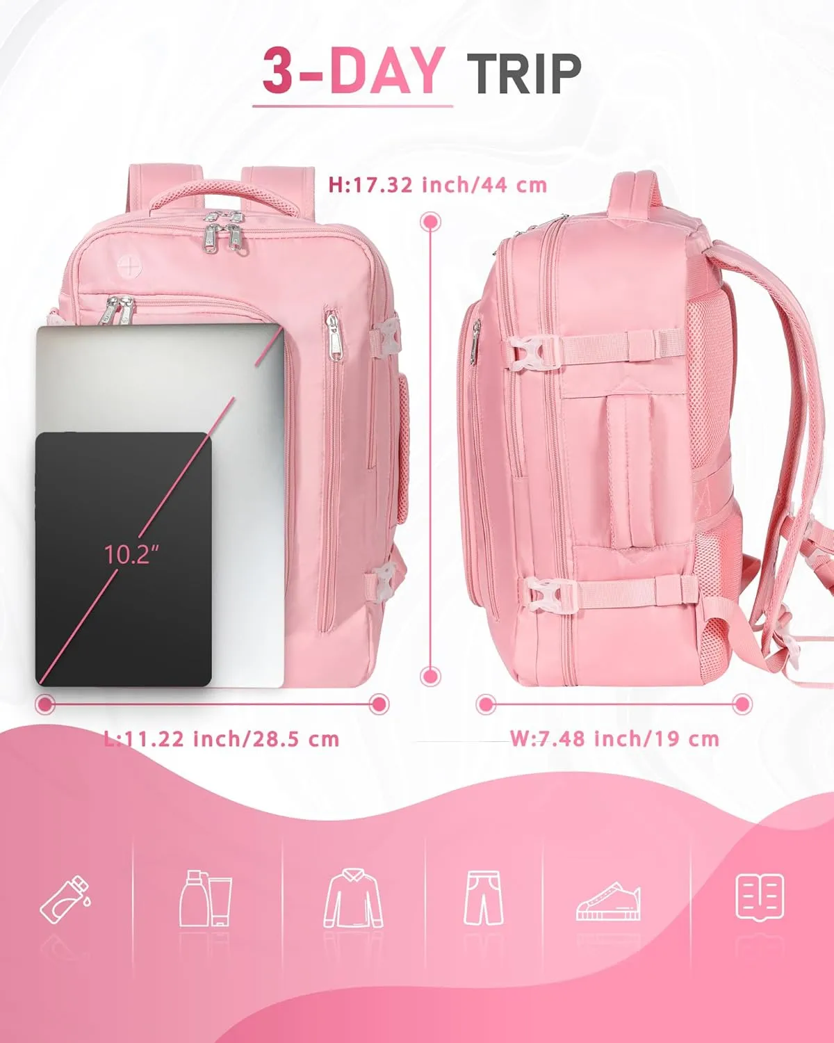 Travel Backpack for Women, Carry On Backpack Flight Approved Underseat Personal Item Luggage, Lightweight Daypack Weekender Bag with 17 inch Laptop Compartment, Pink