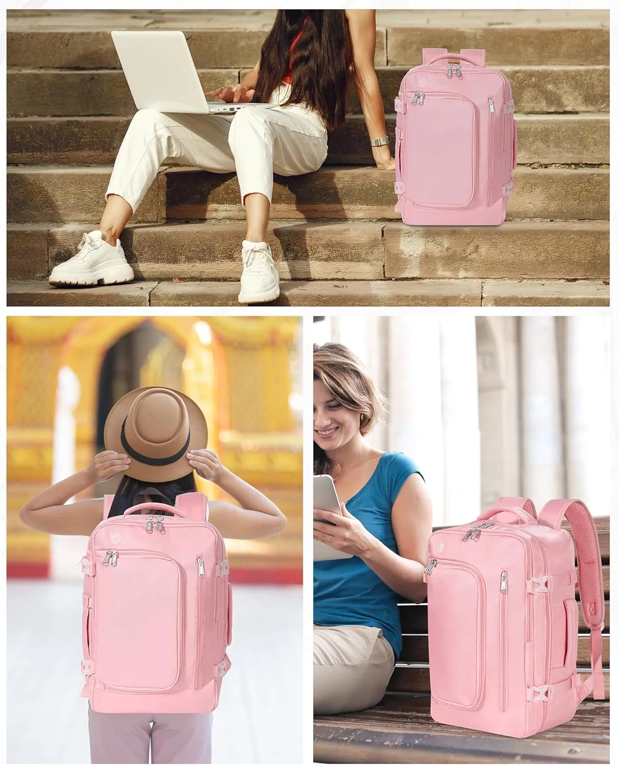 Travel Backpack for Women, Carry On Backpack Flight Approved Underseat Personal Item Luggage, Lightweight Daypack Weekender Bag with 17 inch Laptop Compartment, Pink