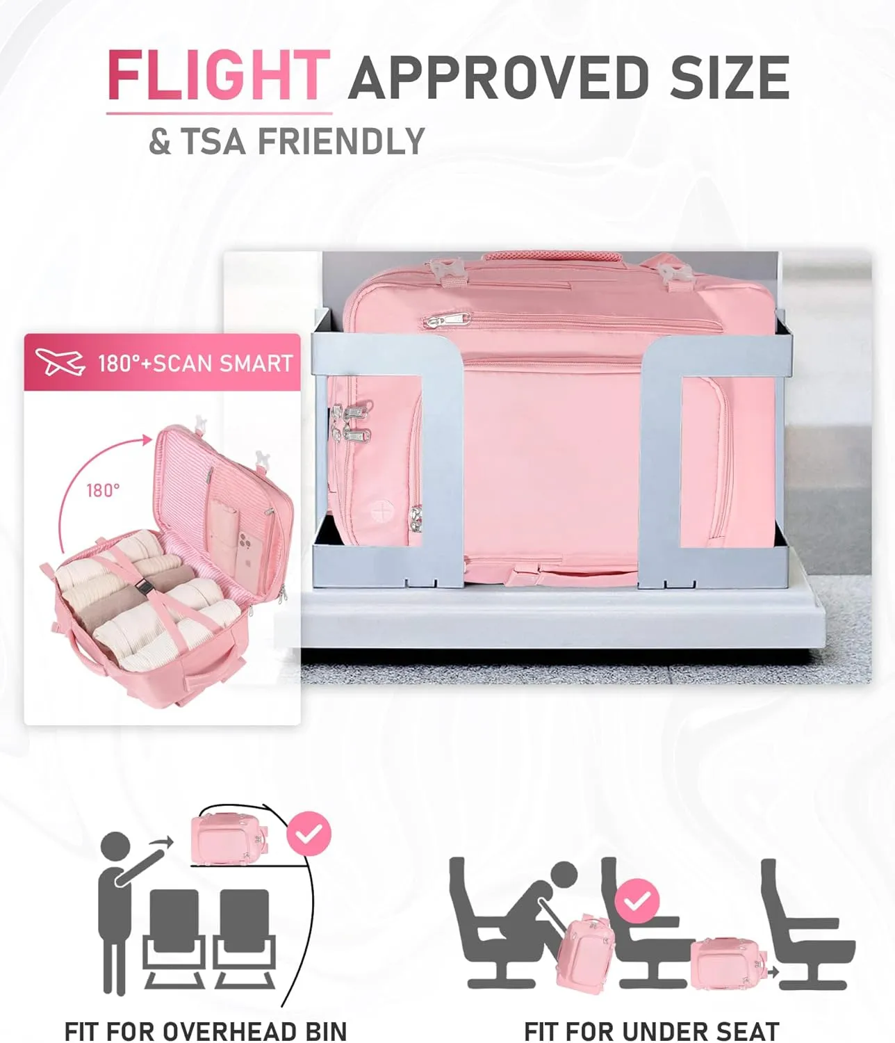 Travel Backpack for Women, Carry On Backpack Flight Approved Underseat Personal Item Luggage, Lightweight Daypack Weekender Bag with 17 inch Laptop Compartment, Pink