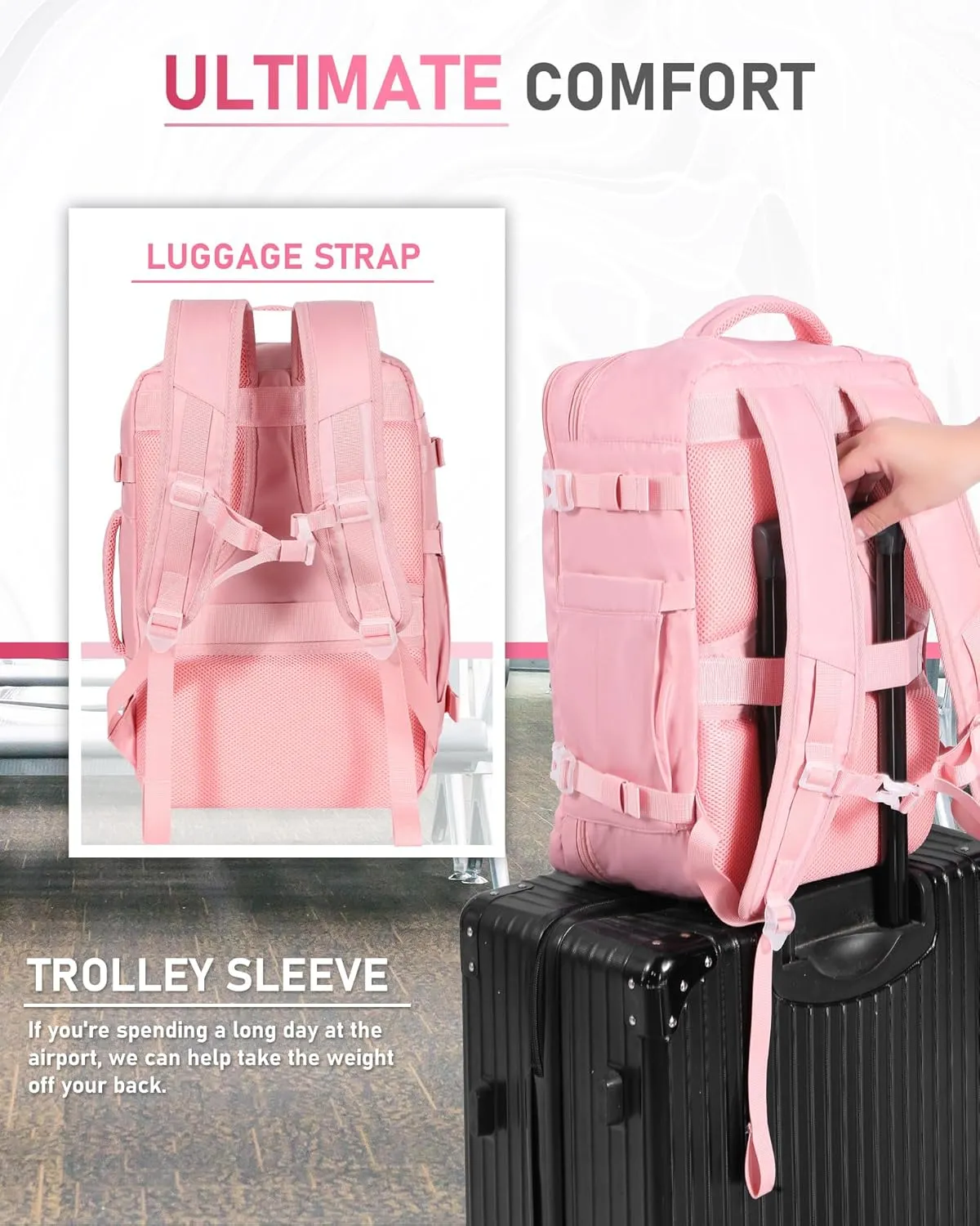 Travel Backpack for Women, Carry On Backpack Flight Approved Underseat Personal Item Luggage, Lightweight Daypack Weekender Bag with 17 inch Laptop Compartment, Pink