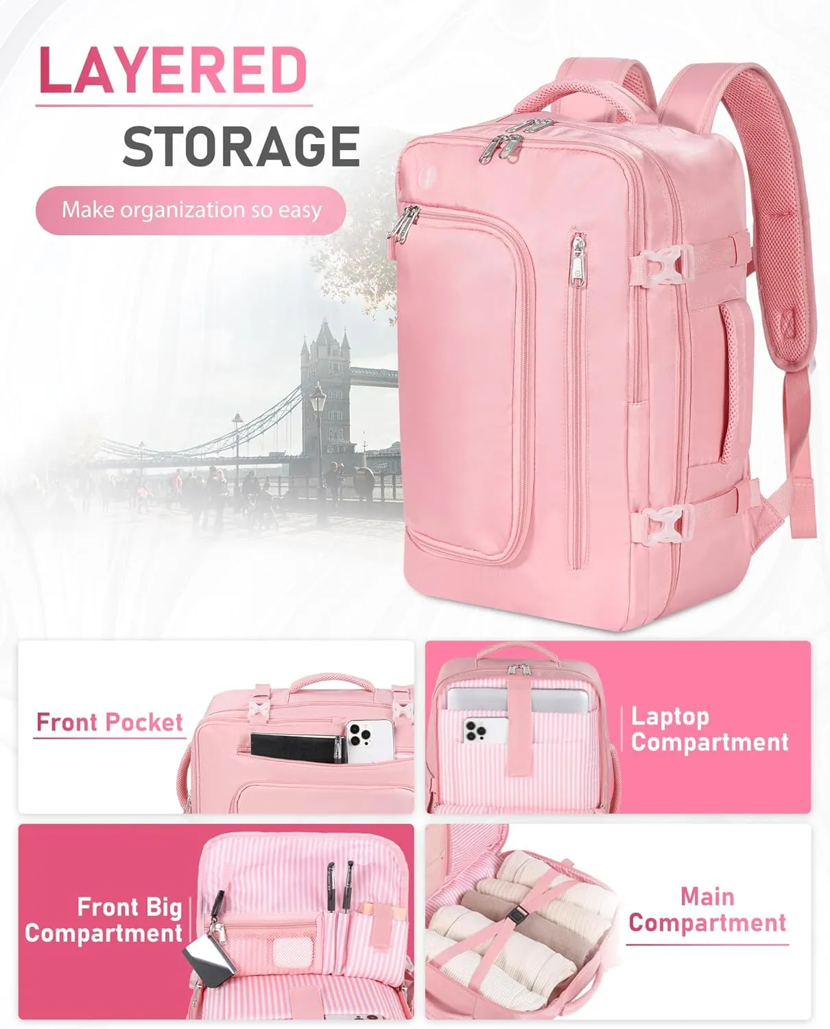 Travel Backpack for Women, Carry On Backpack Flight Approved Underseat Personal Item Luggage, Lightweight Daypack Weekender Bag with 17 inch Laptop Compartment, Pink
