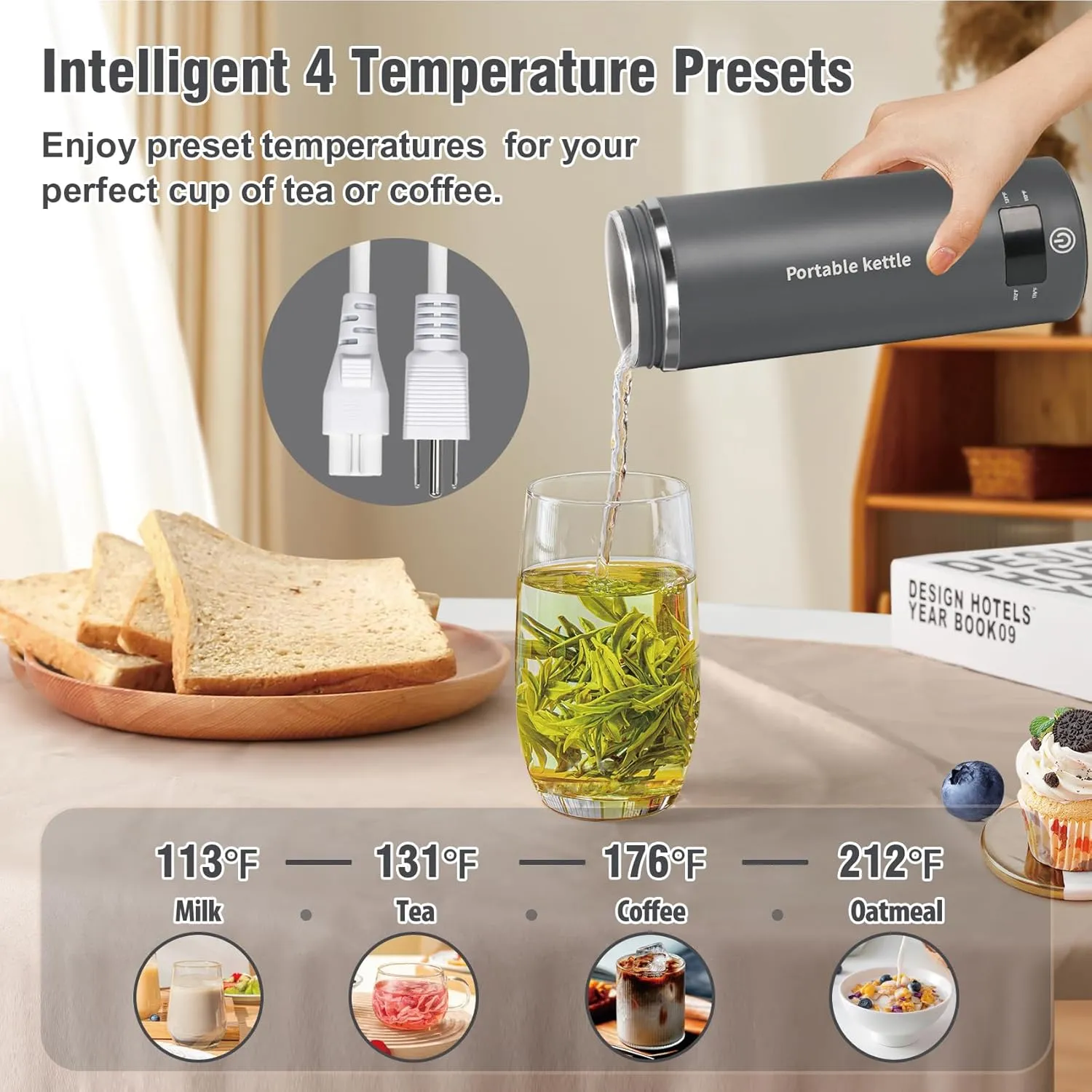 Travel Electric Kettle Portable Mini Kettle,Small Hot Water Boiler with 4 Temperature Settings,304 Stainless Steel,Fast Boiling Water with Auto Shut-Off and Boil Dry Protection (Grey, 400ml)