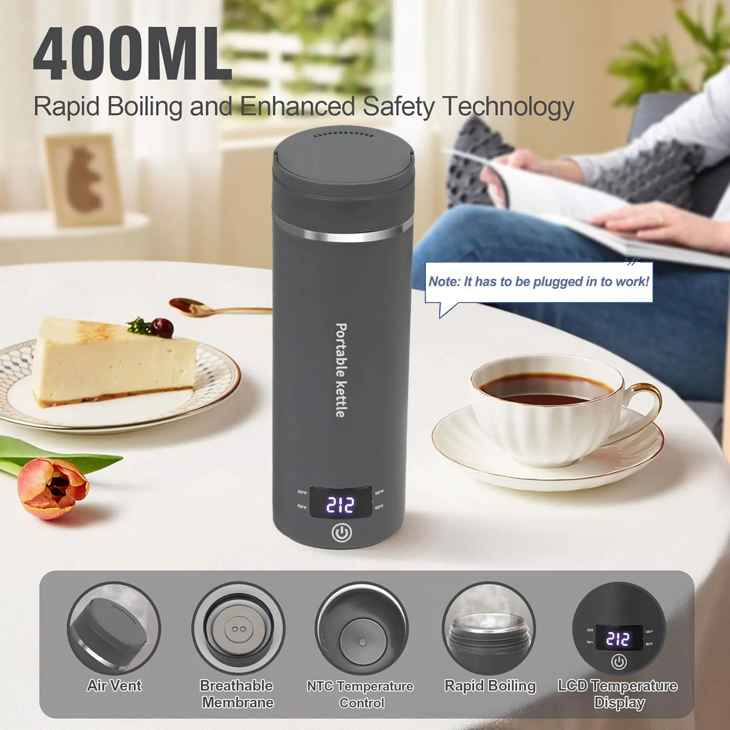 Travel Electric Kettle Portable Mini Kettle,Small Hot Water Boiler with 4 Temperature Settings,304 Stainless Steel,Fast Boiling Water with Auto Shut-Off and Boil Dry Protection (Grey, 400ml)