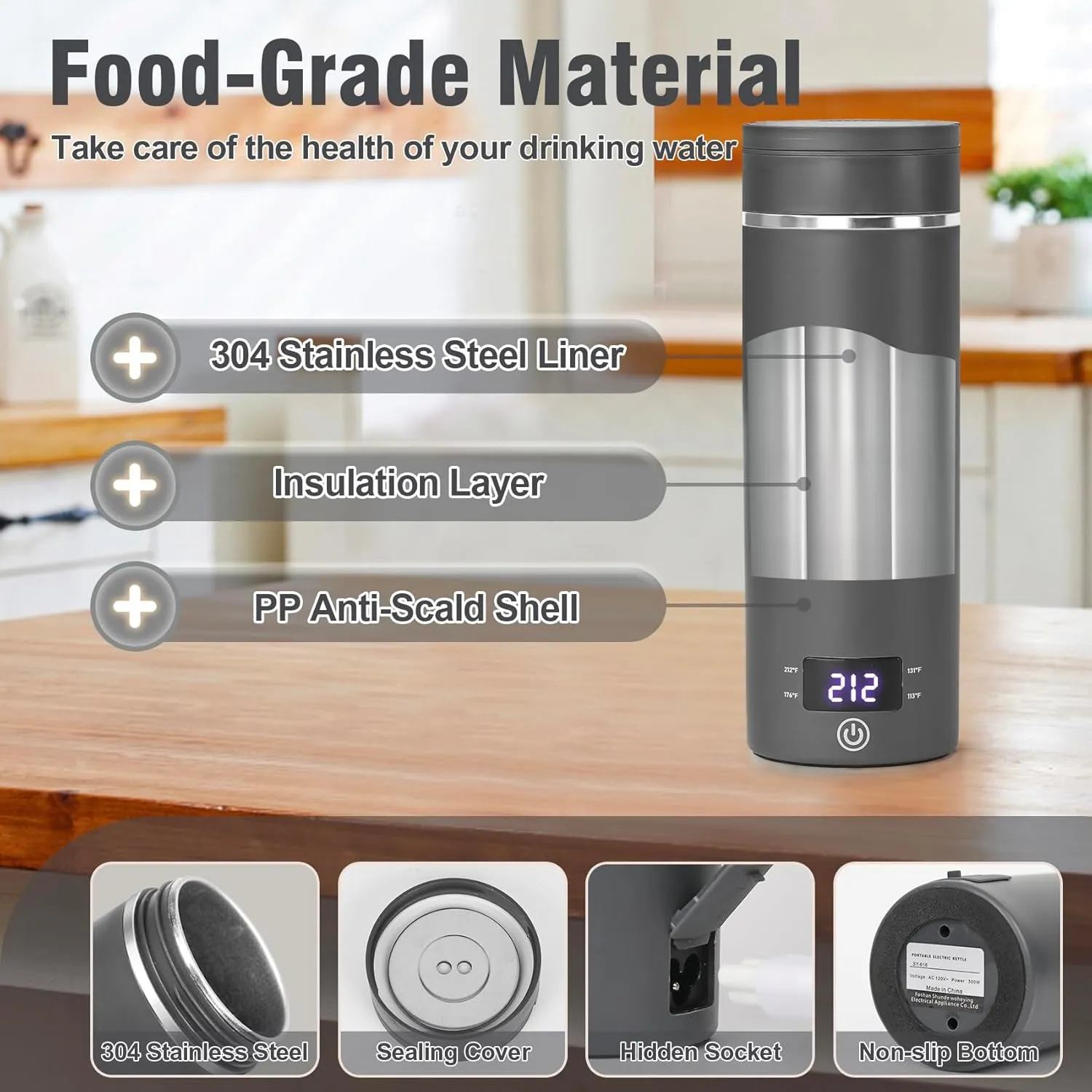 Travel Electric Kettle Portable Mini Kettle,Small Hot Water Boiler with 4 Temperature Settings,304 Stainless Steel,Fast Boiling Water with Auto Shut-Off and Boil Dry Protection (Grey, 400ml)