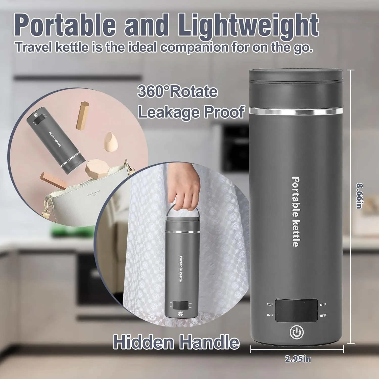 Travel Electric Kettle Portable Mini Kettle,Small Hot Water Boiler with 4 Temperature Settings,304 Stainless Steel,Fast Boiling Water with Auto Shut-Off and Boil Dry Protection (Grey, 400ml)