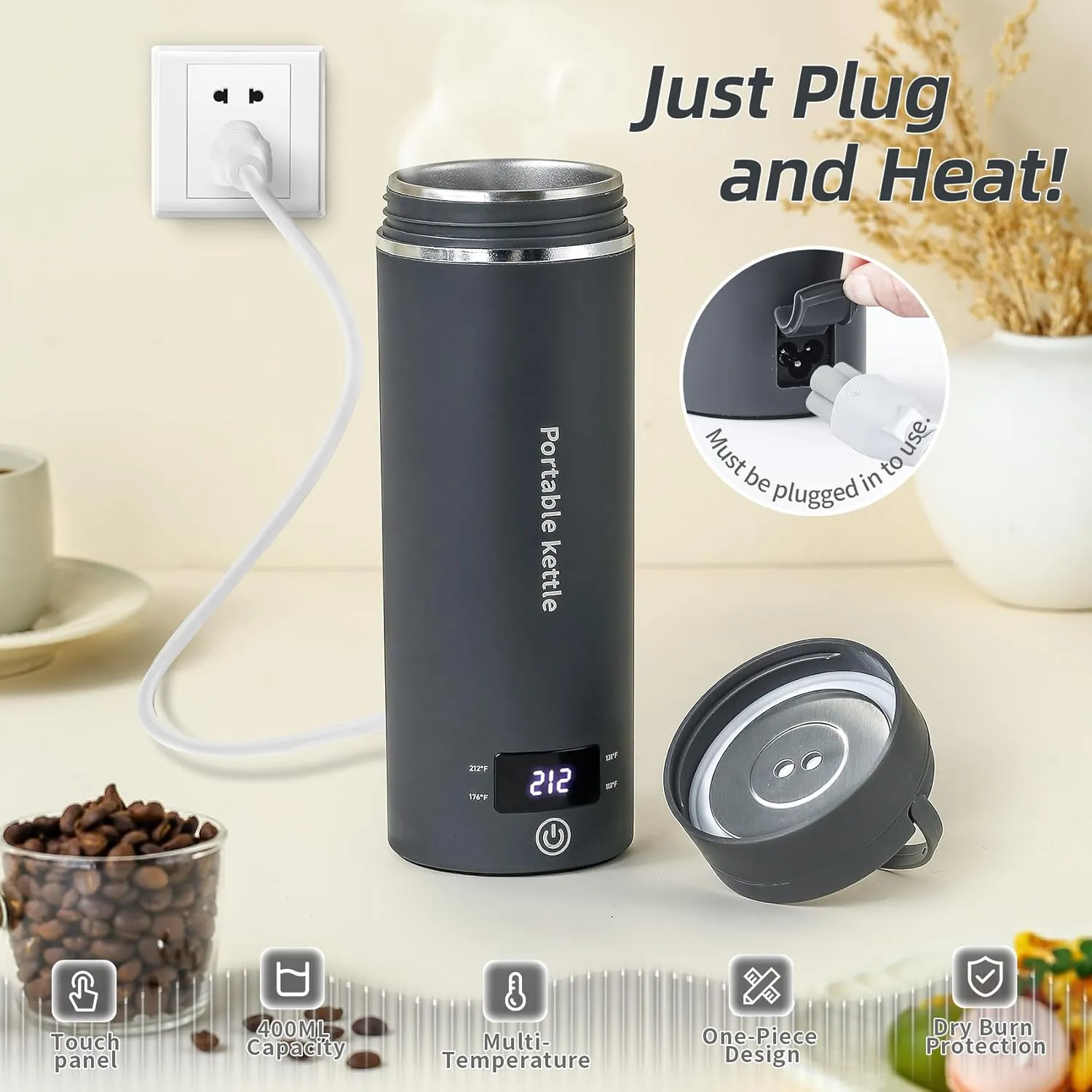 Travel Electric Kettle Portable Mini Kettle,Small Hot Water Boiler with 4 Temperature Settings,304 Stainless Steel,Fast Boiling Water with Auto Shut-Off and Boil Dry Protection (Grey, 400ml)