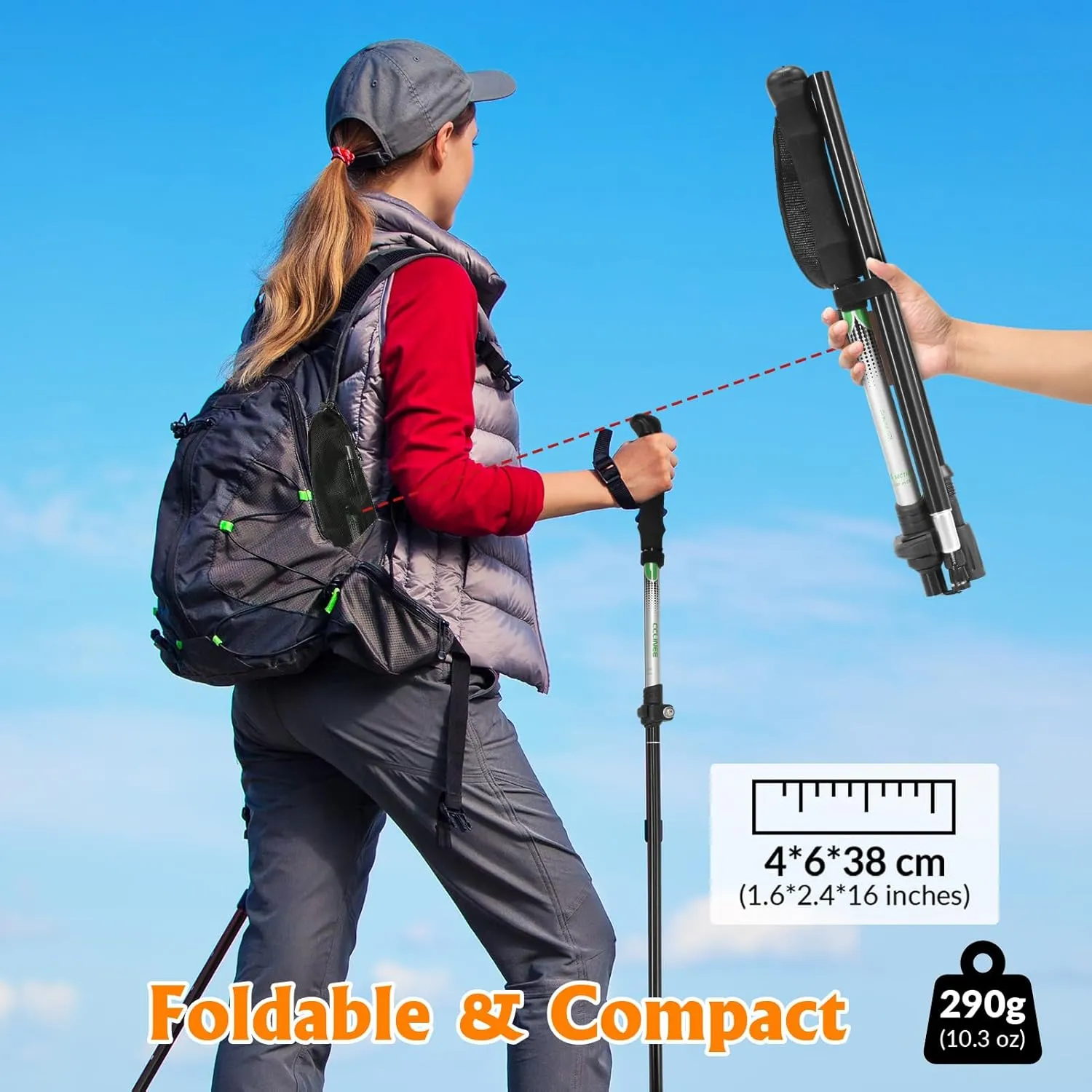 Travel Folding Trekking Hiking Pole with Carrying Case,Collapsible Cane Adjustable Walking Stick Portable Mobility Aid for Women Men Hikers Gift,Black