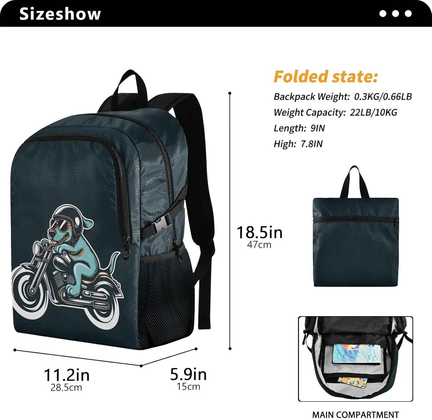 Travel Hiking Daypack Foldable Packable Backpack Cool Dog Waterproof Lightweight Casual Rucksuck for Men Women