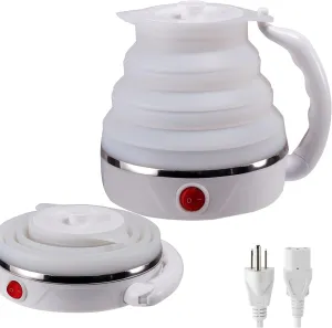 Travel Kettle, Fordable Electric kettle, Collapsible Kettle Dual Voltage,boil water, with make tea coffee,Food Grade Silicone Small Electric Kettle（600ML,110V/220V ） (White)