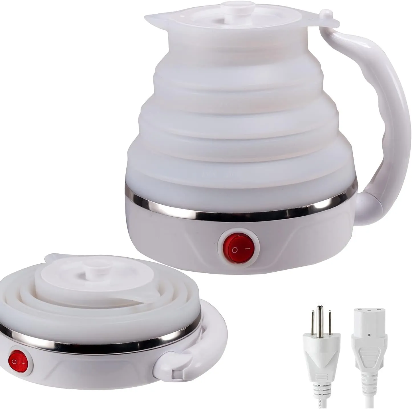 Travel Kettle, Fordable Electric kettle, Collapsible Kettle Dual Voltage,boil water, with make tea coffee,Food Grade Silicone Small Electric Kettle（600ML,110V/220V ） (White)