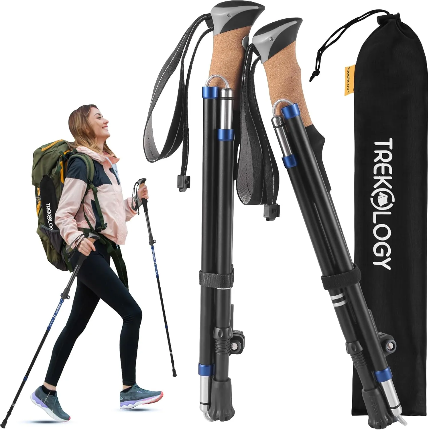 TREKOLOGY Hiking Poles with Real Cork Grips, Adjustable for Heights 5'2'' to 6'5'' – Lightweight Trekking Poles, Aircraft-Grade Aluminum, Compact Fold for Hiking & Backpacking (2pc Set) TREKZ Cork SE