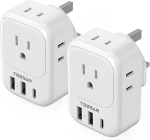 UK Travel Plug Adapter, TESSAN Type G Adaptor with 4 Outlets and 3 USB Ports(1 USB C), Power Adaptor for USA to London British England Qatar Ireland Hong Kong Scotland Kenya Dubai, 2 Pack