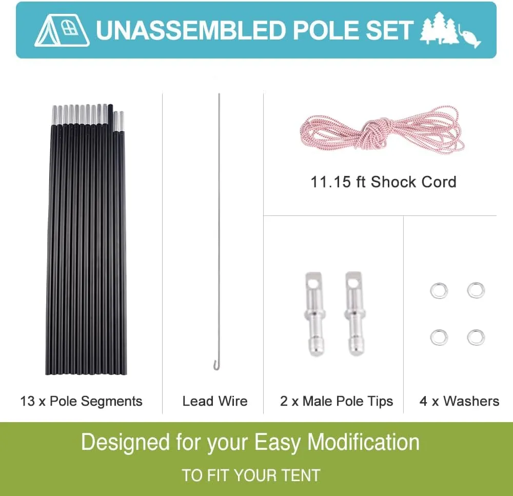 Unassembled Tent Poles Replacement, Female and Male End Tent Compatible, Aluminum Tent Pole Repair Kit, 2 Poles Pack