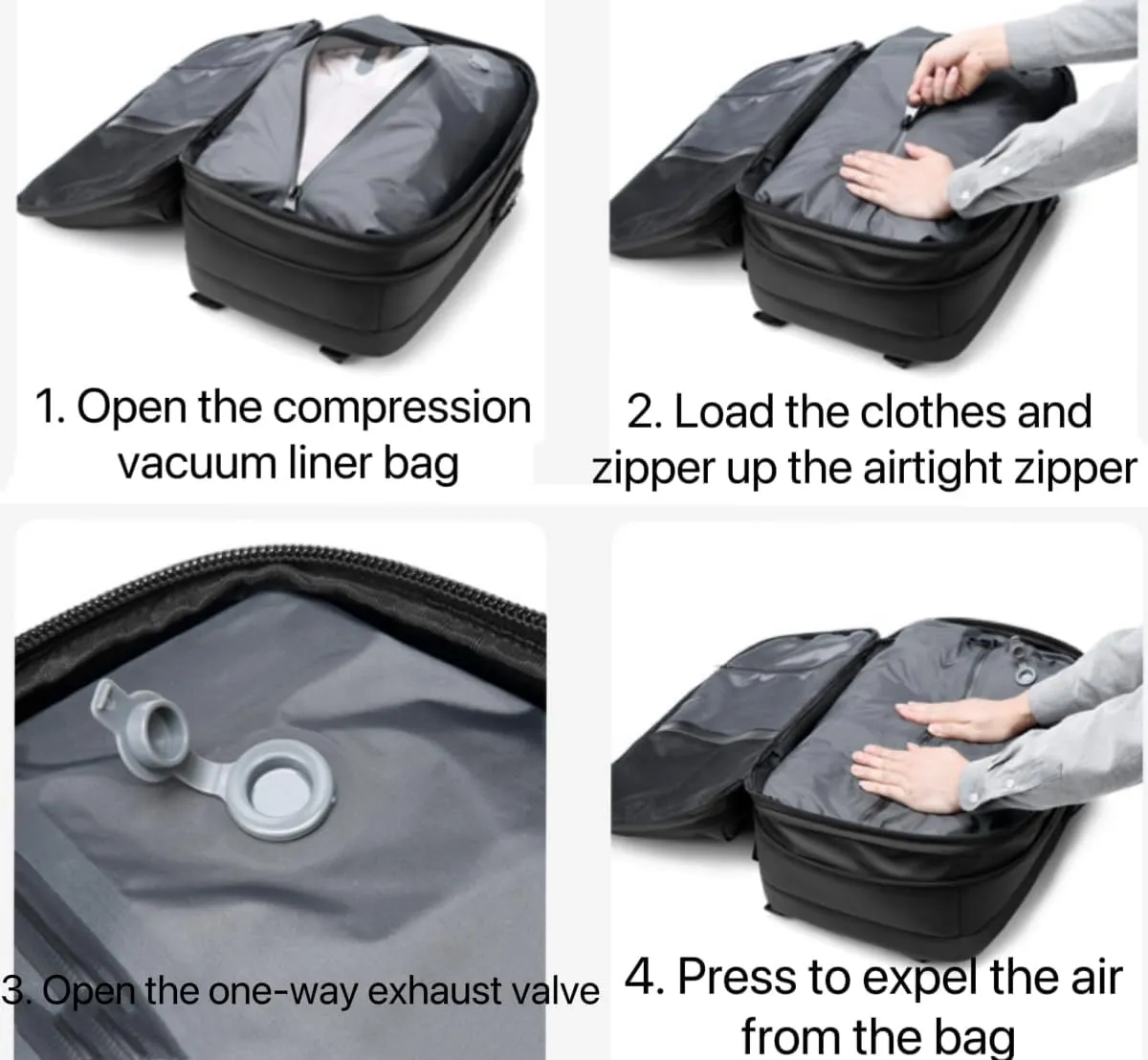 Vacpack Backpack with Vacuum, 60l Expandable Travel with Pump, Vacuum Seal Compression Travel Backpack (Black-One-way exhaust valve)