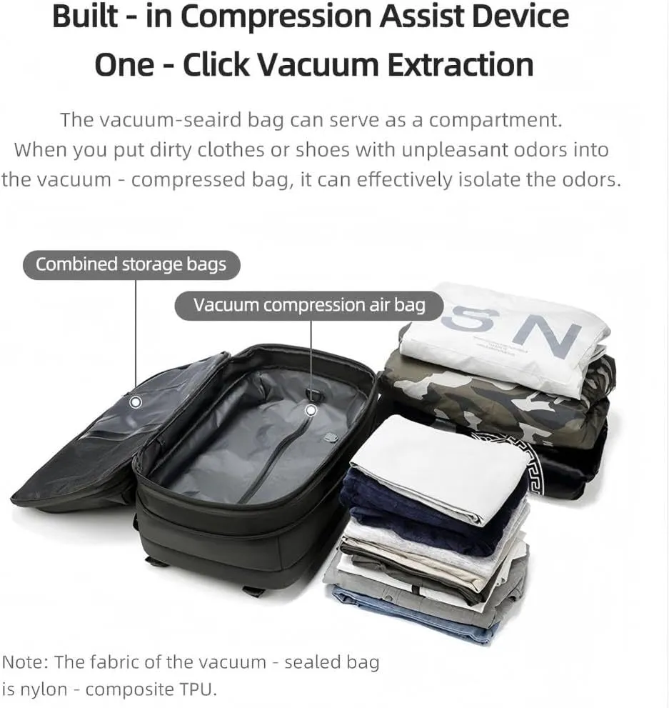 Vacpack Backpack with Vacuum, 60l Expandable Travel with Pump, Vacuum Seal Compression Travel Backpack (Black-One-way exhaust valve)