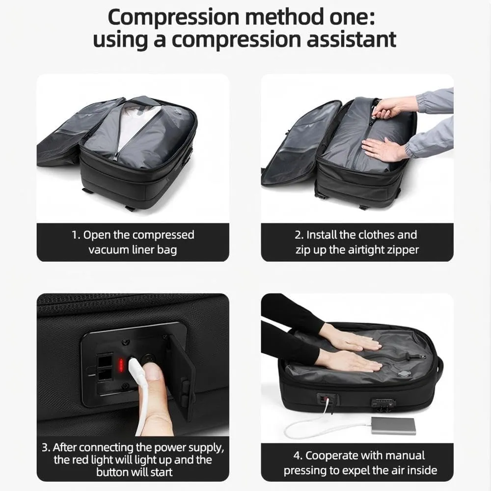 Vacpack Backpack with Vacuum, 60l Expandable Travel with Pump, Vacuum Seal Compression Travel Backpack (Black-One-way exhaust valve)