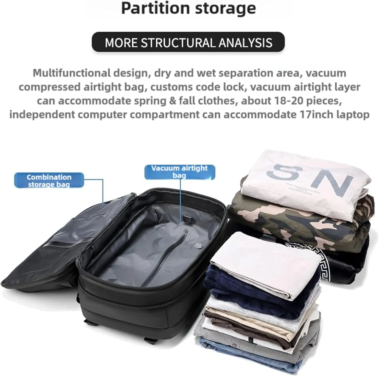 Vacpack Vacuum Backpack with Pump,60L Waterproof TSA Lock Travel Backpack, Expandable Airbag,with Vacuum Seal Compression (Black)