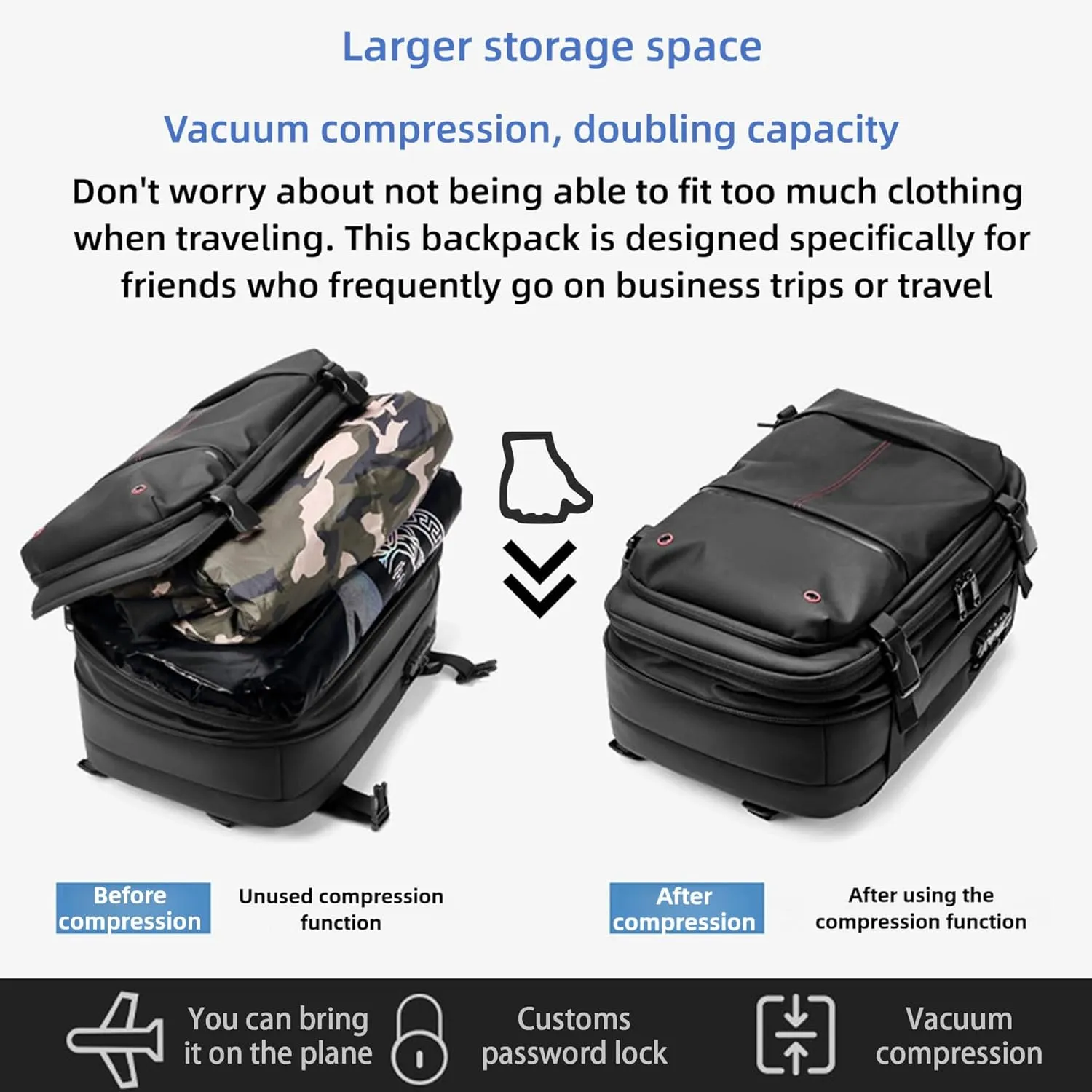 Vacpack Vacuum Backpack with Pump,60L Waterproof TSA Lock Travel Backpack, Expandable Airbag,with Vacuum Seal Compression (Black)