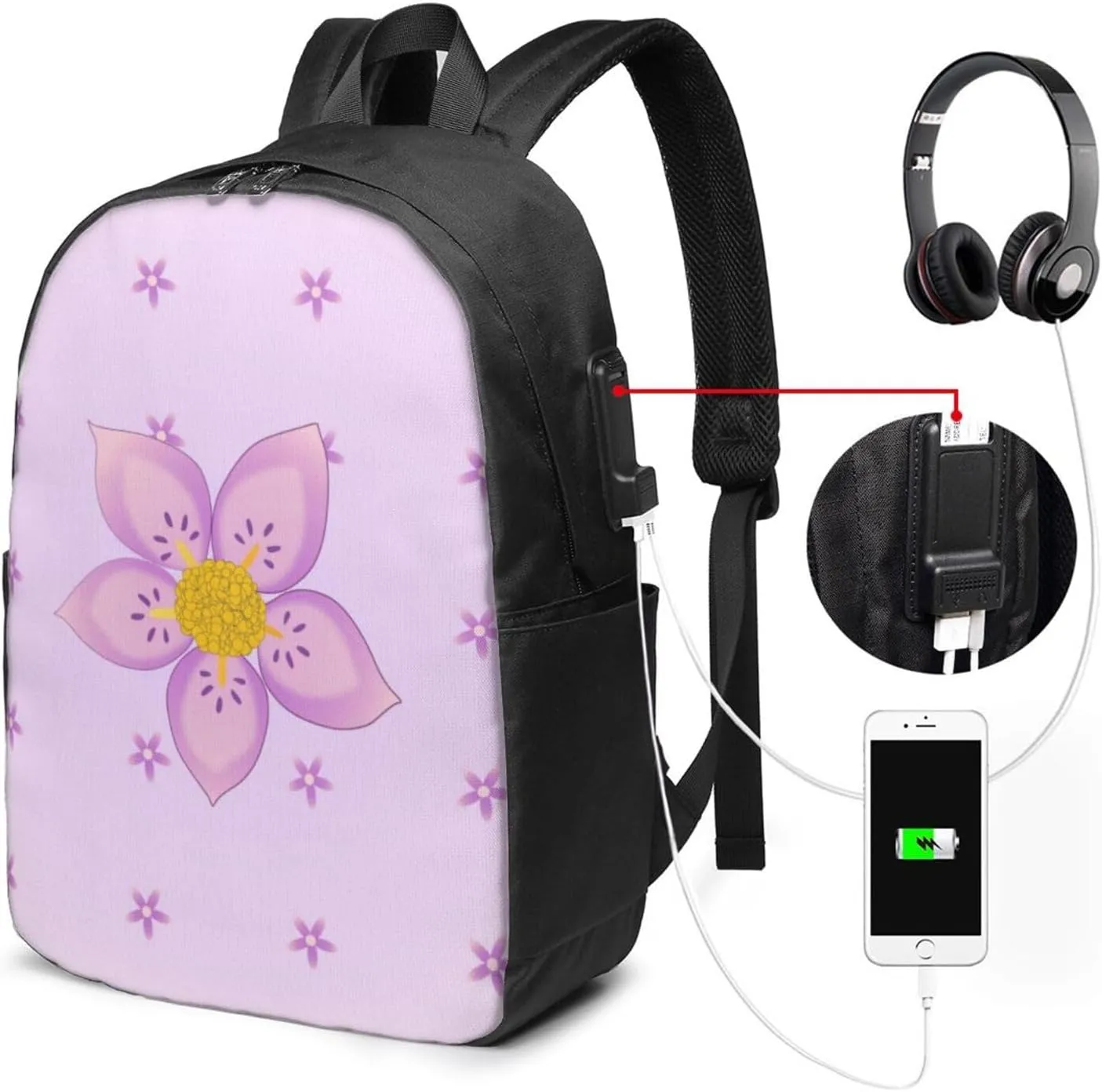 vacsAX Durable Ergonomic Backpack With - Large Capacity With USB Ports - Perfect For Women Men Five-petaled purple flowers
