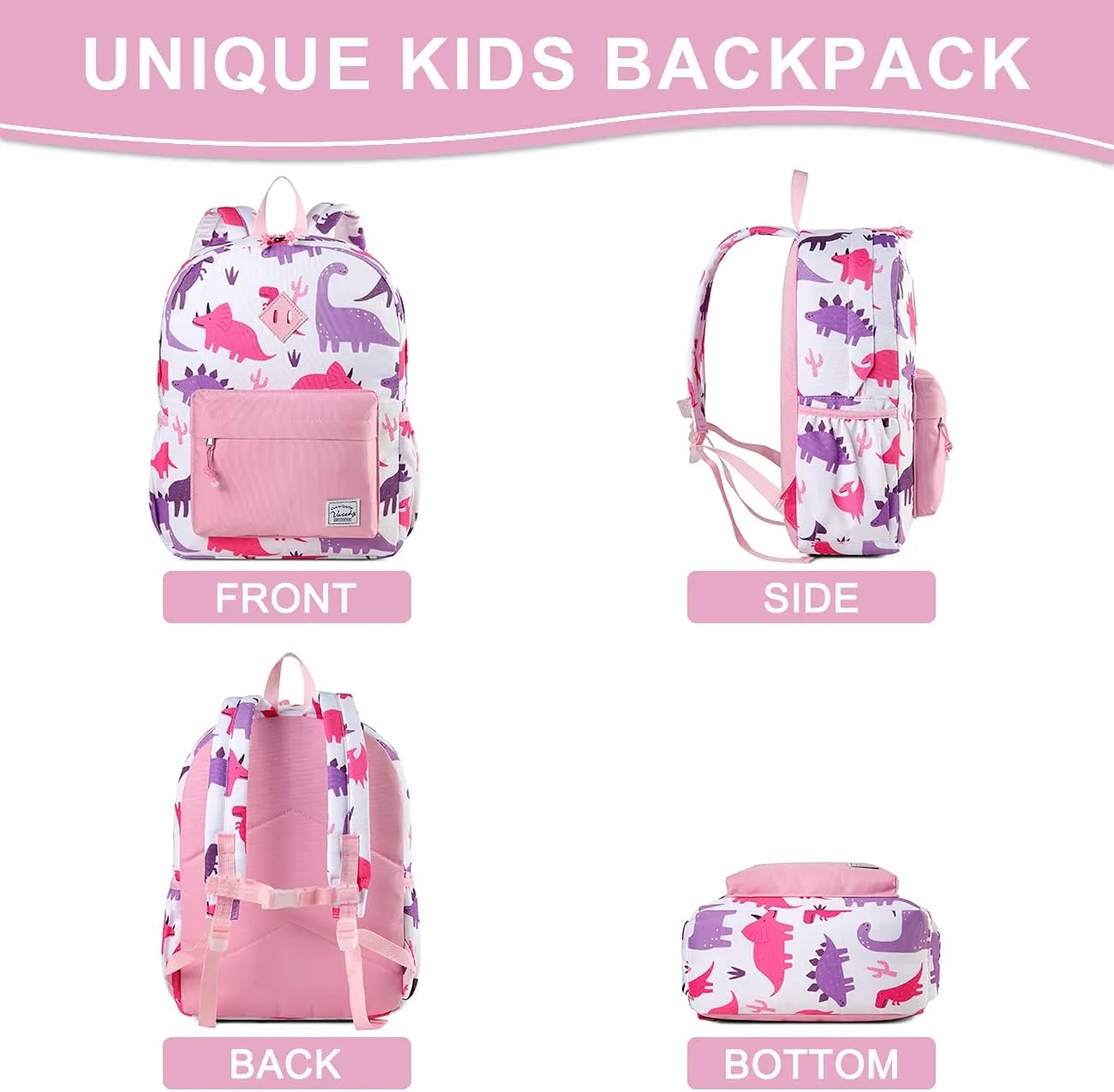 VASCHY Kids Backpack for Girls, Cute Dinosaur Lightweight Backpack for Toddlers Daycare Preschool Little Girls Pink