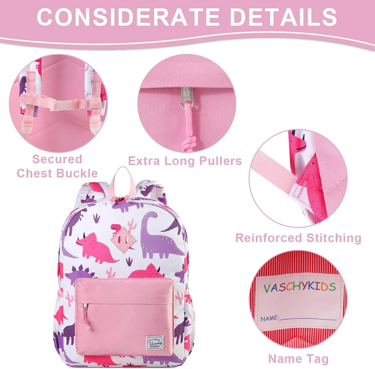 VASCHY Kids Backpack for Girls, Cute Dinosaur Lightweight Backpack for Toddlers Daycare Preschool Little Girls Pink