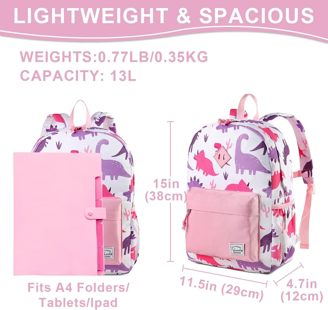 VASCHY Kids Backpack for Girls, Cute Dinosaur Lightweight Backpack for Toddlers Daycare Preschool Little Girls Pink