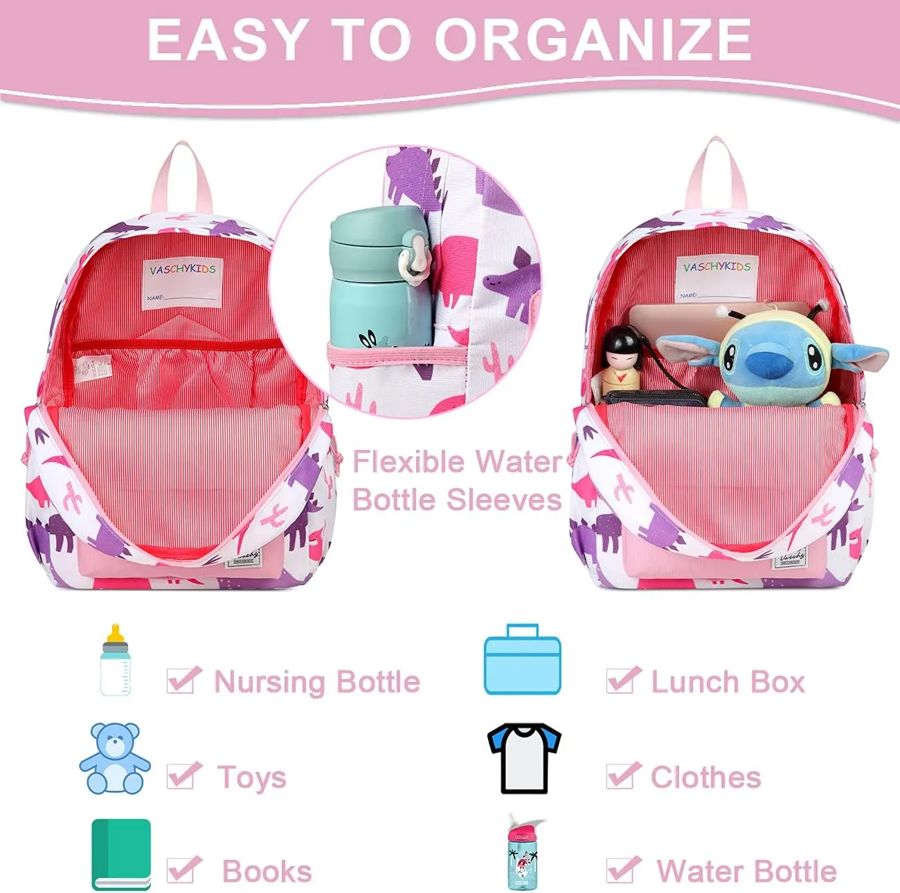 VASCHY Kids Backpack for Girls, Cute Dinosaur Lightweight Backpack for Toddlers Daycare Preschool Little Girls Pink