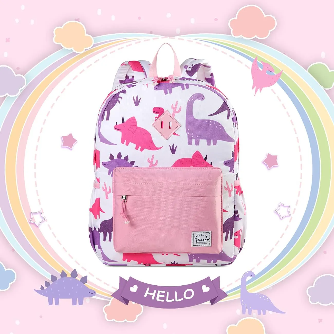 VASCHY Kids Backpack for Girls, Cute Dinosaur Lightweight Backpack for Toddlers Daycare Preschool Little Girls Pink