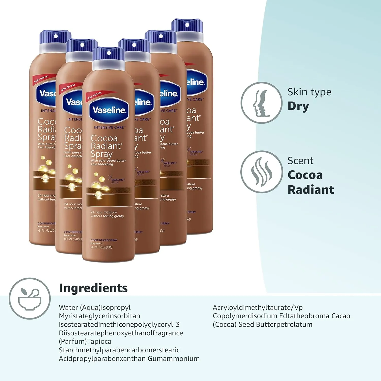 Vaseline Intensive Care Spray Moisturizer For Dry Skin Cocoa Radiant Made With 100% Pure Cocoa Butter 6.5oz (Pack of 6)