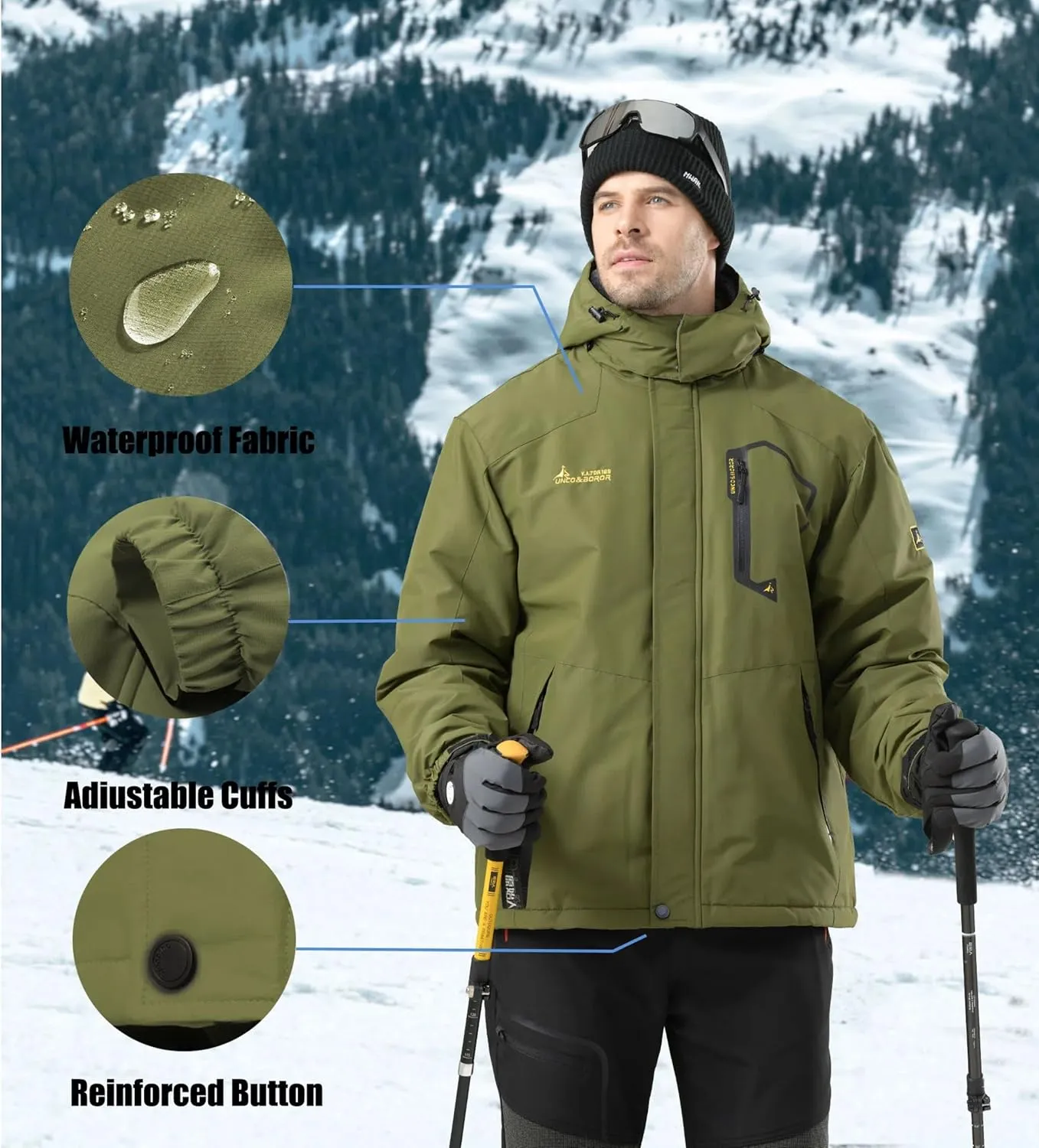 V.A.TOR 189 UNCO&BOROR Men's Winter Thermal Insulated Ski Jacket,Waterproof Coat with Hood for Hiking & Snowboarding