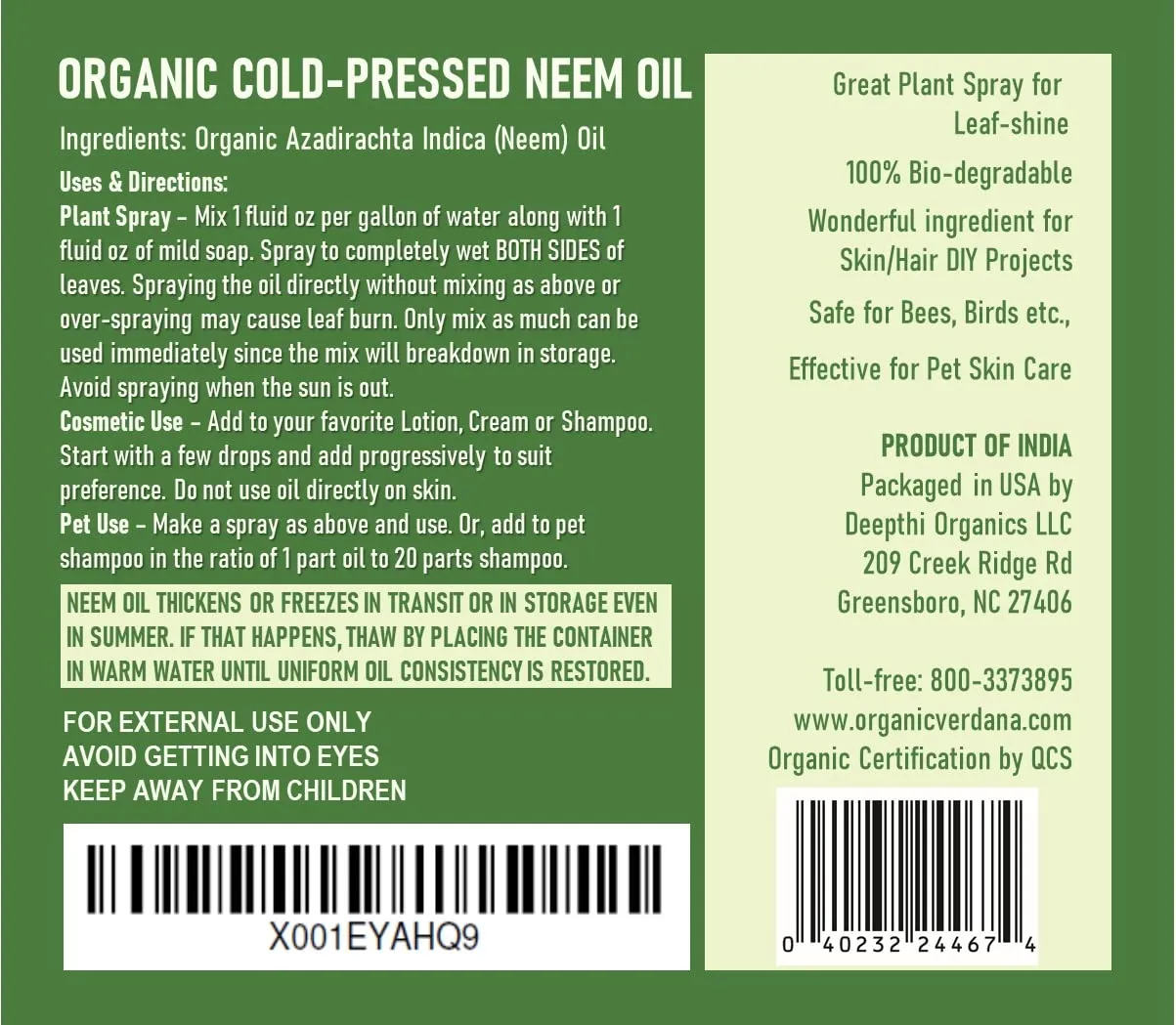 Verdana Pure Neem Oil for Plants – 1 Quart (32 Fl Oz) – Organic, Cold Pressed, Unrefined, Non-GMO – 100% Natural Spray for Plant Leaf Shine, DIY Beauty, Soap Making – No Additives