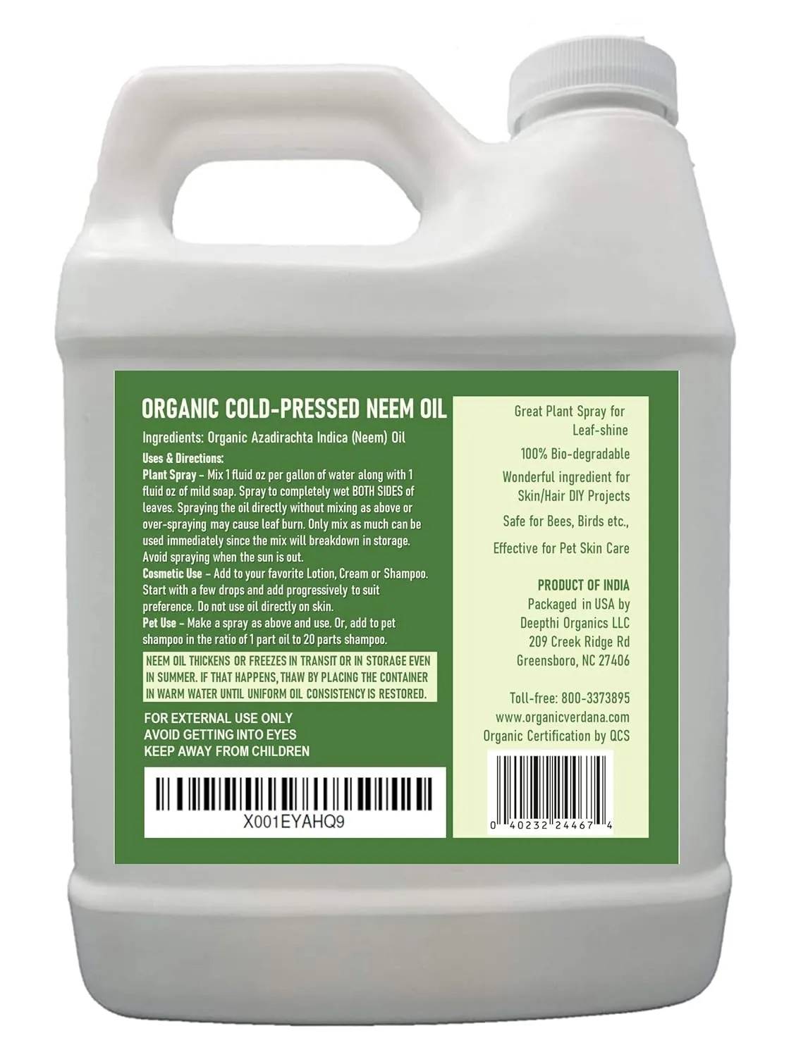 Verdana Pure Neem Oil for Plants – 1 Quart (32 Fl Oz) – Organic, Cold Pressed, Unrefined, Non-GMO – 100% Natural Spray for Plant Leaf Shine, DIY Beauty, Soap Making – No Additives