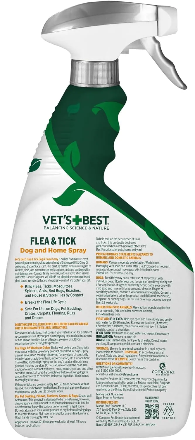Vet’s Best Flea and Tick Home Spray – Plant-Based Flea and Tick Treatment for Dogs and Indoor Use – Natural Spray with Essential Oils for Pest Control in Home – 32 oz Bottles, 2 Pack