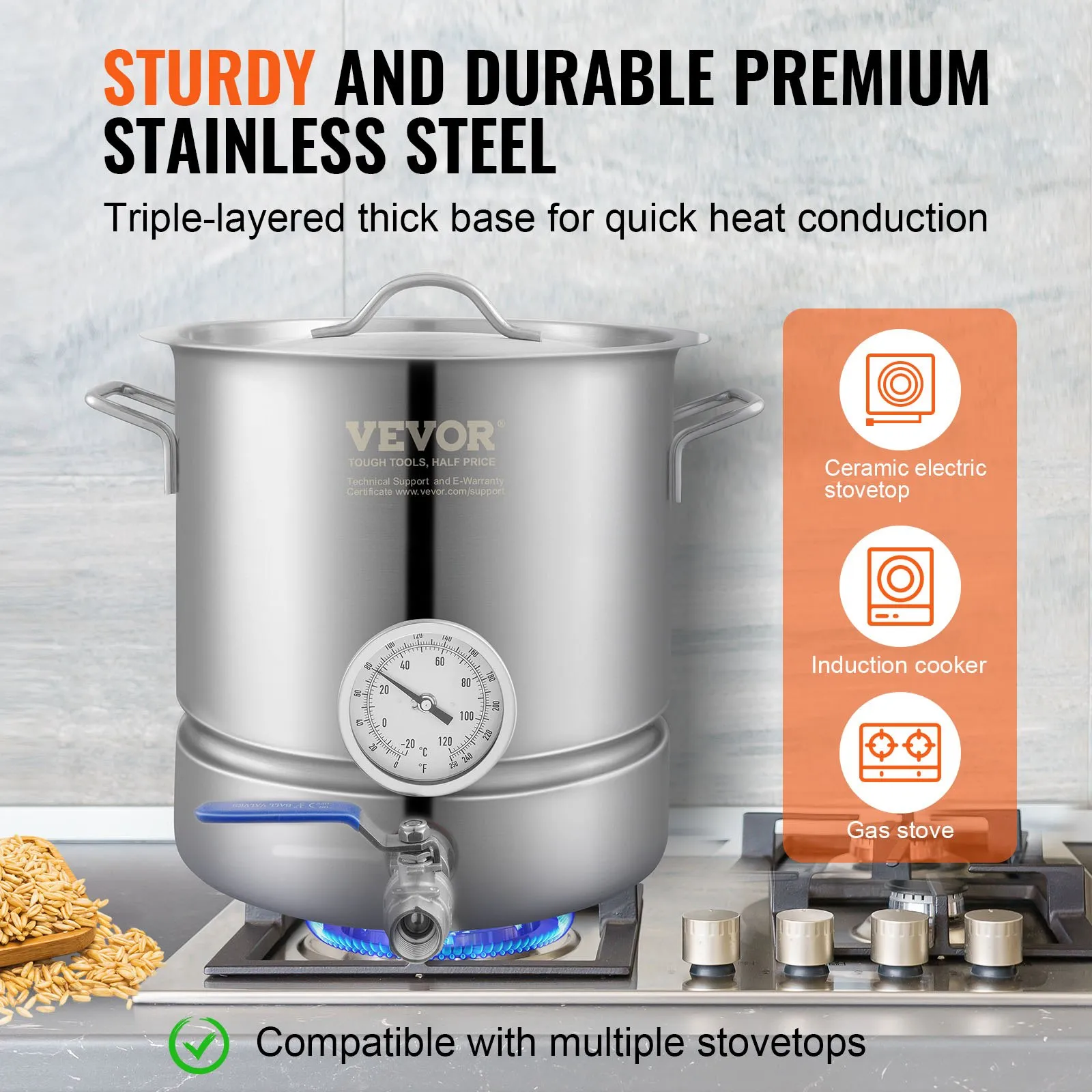 VEVOR Stainless Steel Kettle, 5 GALLON Brewing Pot, Tri Ply Bottom for Beer, Brew Kettle Pot, Home Brewing Supplies Includes Lid, Handle, Thermometer, Ball Valve Spigot, Filter, Filter Tray