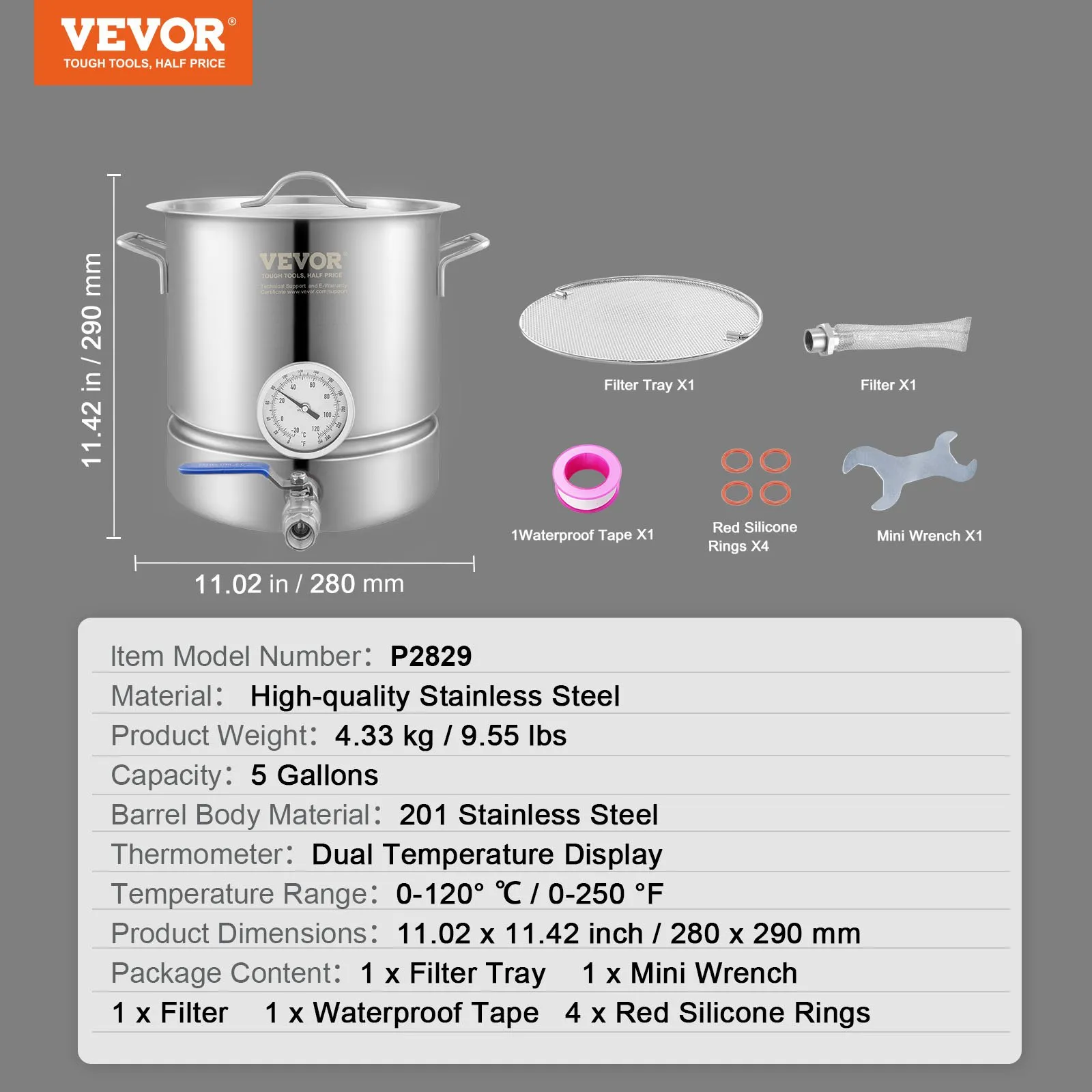 VEVOR Stainless Steel Kettle, 5 GALLON Brewing Pot, Tri Ply Bottom for Beer, Brew Kettle Pot, Home Brewing Supplies Includes Lid, Handle, Thermometer, Ball Valve Spigot, Filter, Filter Tray